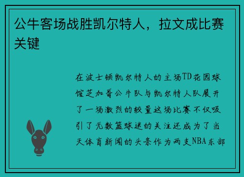 公牛客场战胜凯尔特人，拉文成比赛关键
